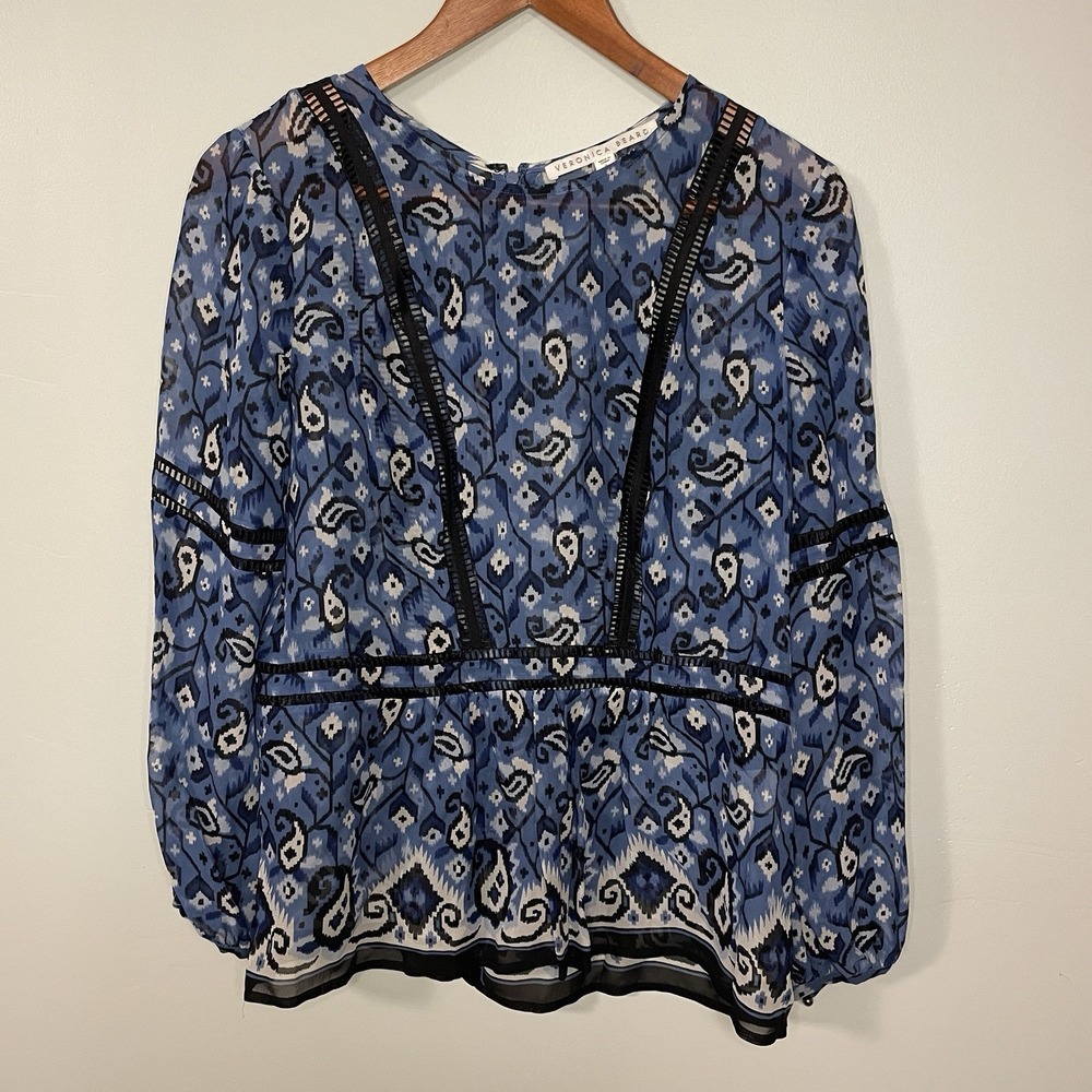 Veronica Beard Womens Silk Blue Paisley Long Sleeve Button Blouse Size 8